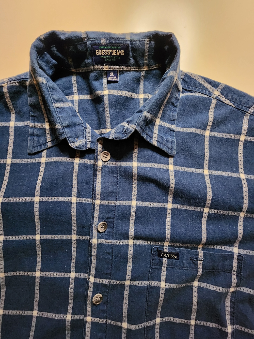 GUESS Men’s Navy Windowpane Button-Up Shirt - Picture 4 of 5
